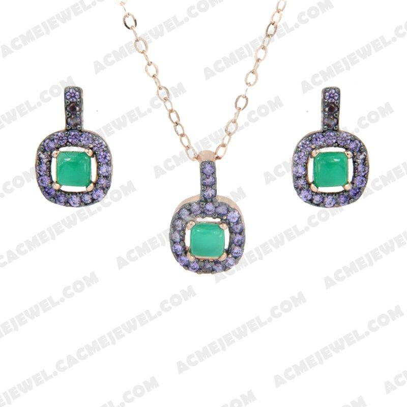 ﻿Jewellery Set 925 Sterling Silver 2-tone Rose gold and black rhodium