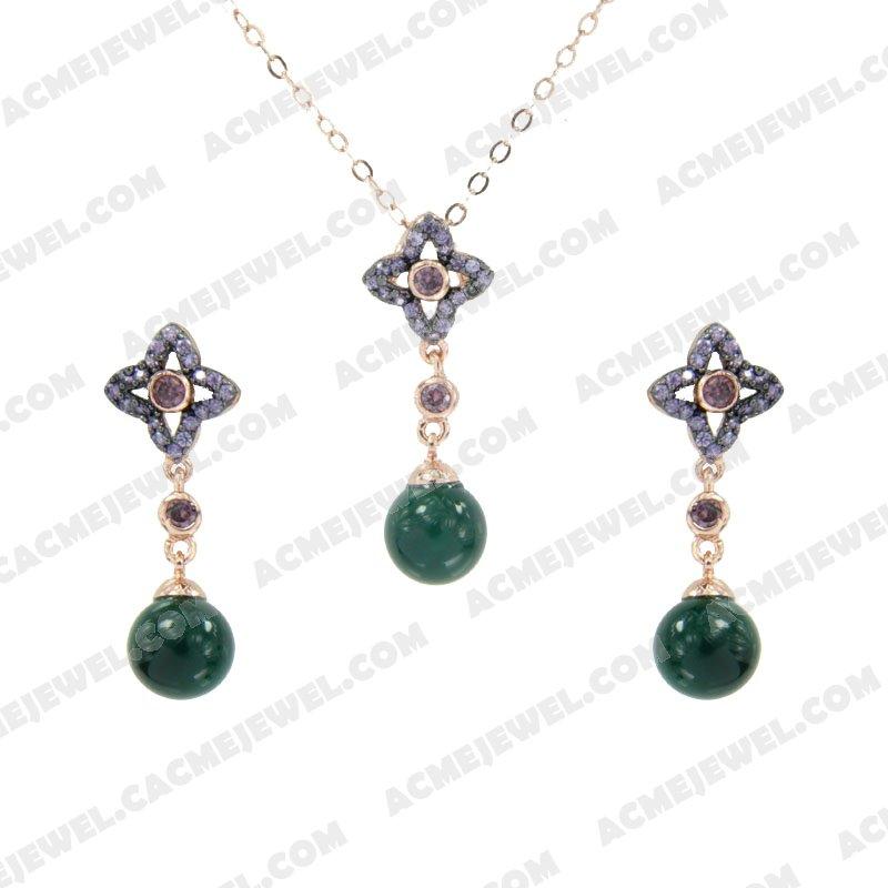 ﻿Jewellery Set 925 Sterling Silver 2-tone Rose gold and black rhodium