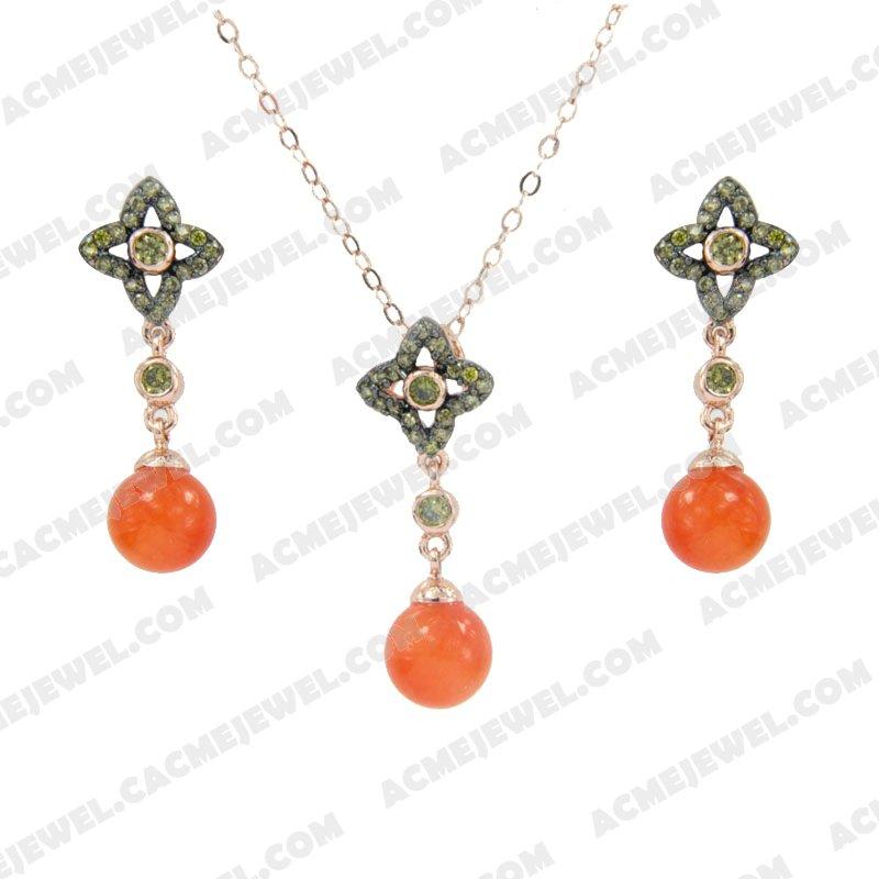 ﻿Jewellery Set 925 Sterling Silver 2-tone Rose gold and black rhodium