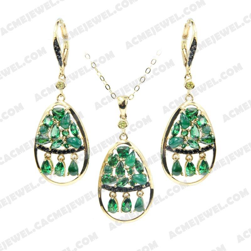 ﻿Jewellery Set 925 Sterling Silver 2-tone Gold and black rhodium